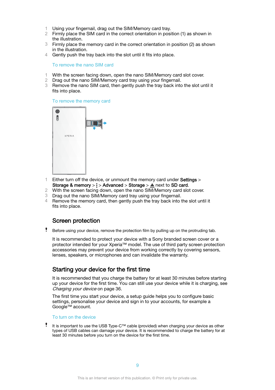 Screen protection, Starting your device for the first time | Sony XPeria XZ F8331 User Manual | Page 9 / 133