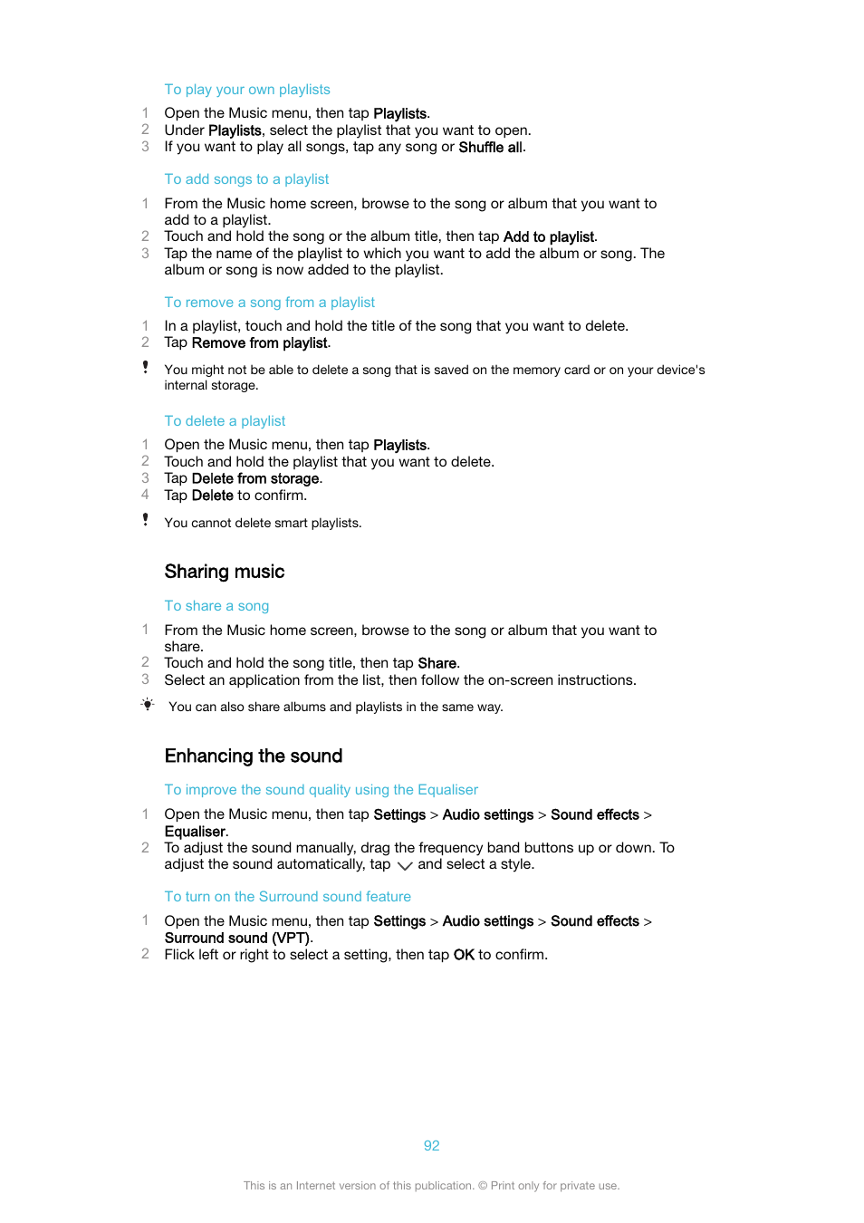 Sharing music, Enhancing the sound, Sharing music enhancing the sound | Sony XPeria XZ F8331 User Manual | Page 92 / 133