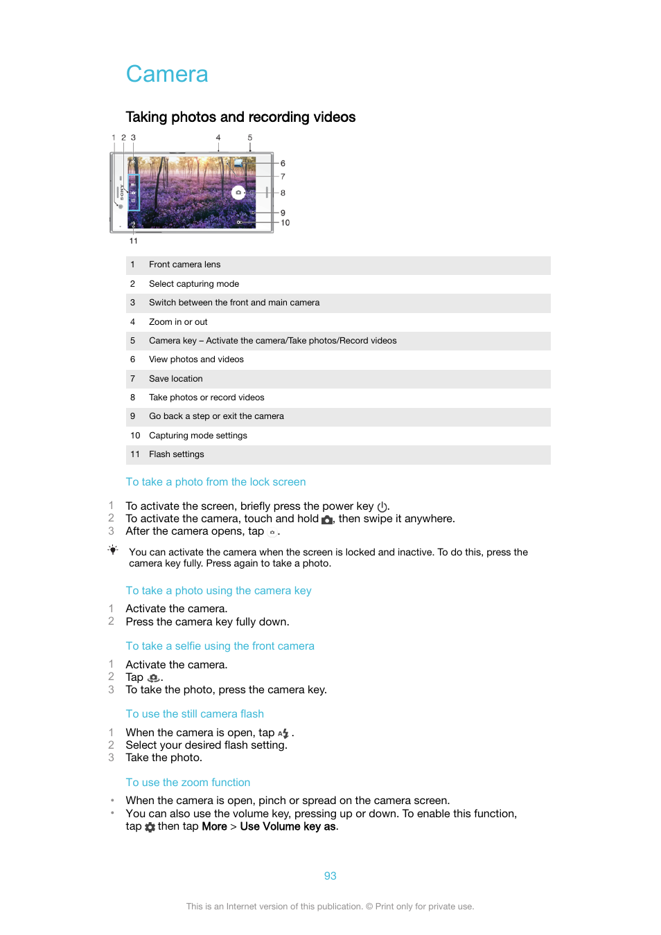 Camera, Taking photos and recording videos | Sony XPeria XZ F8331 User Manual | Page 93 / 133