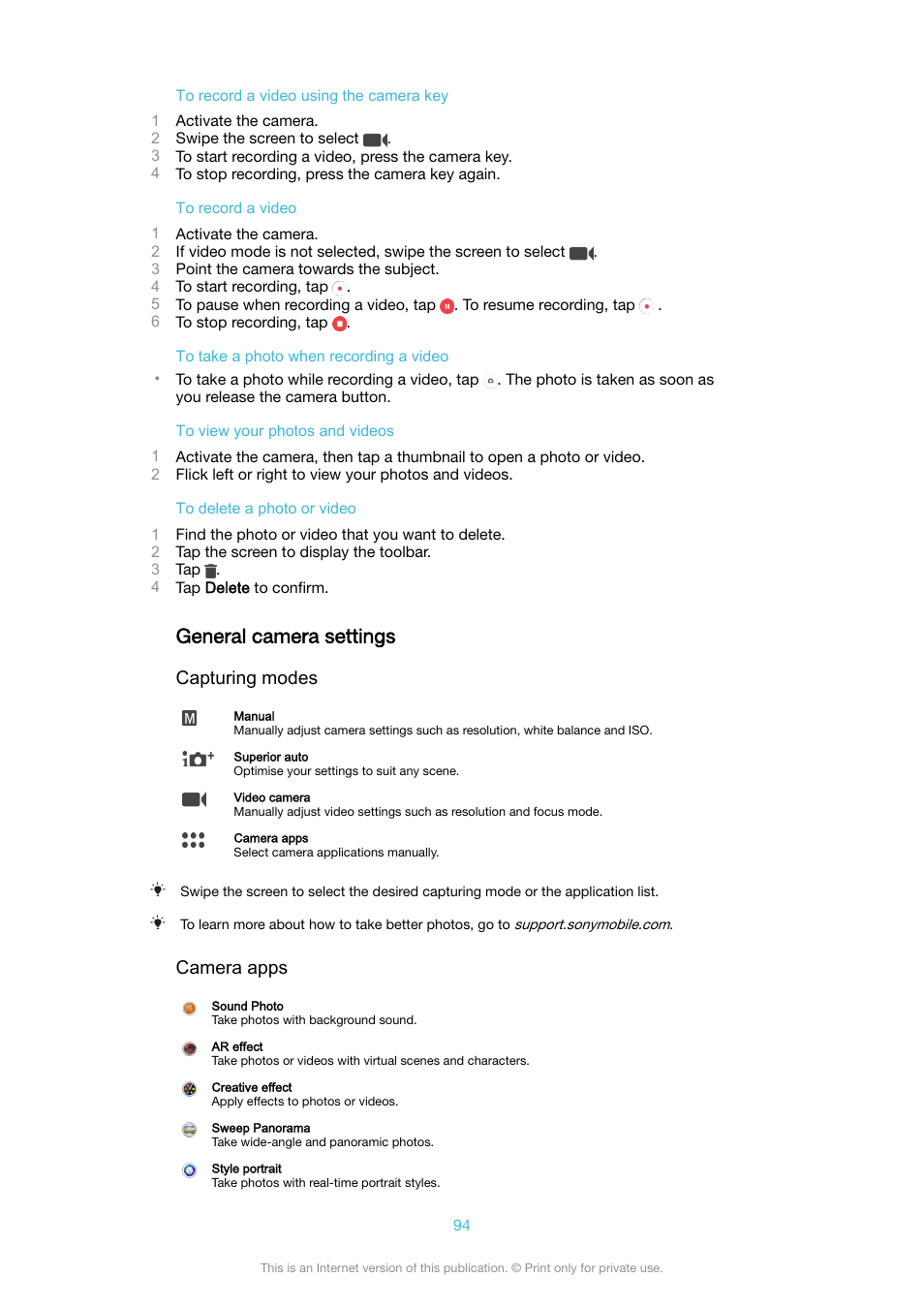 General camera settings, Capturing modes, Camera apps | Sony XPeria XZ F8331 User Manual | Page 94 / 133