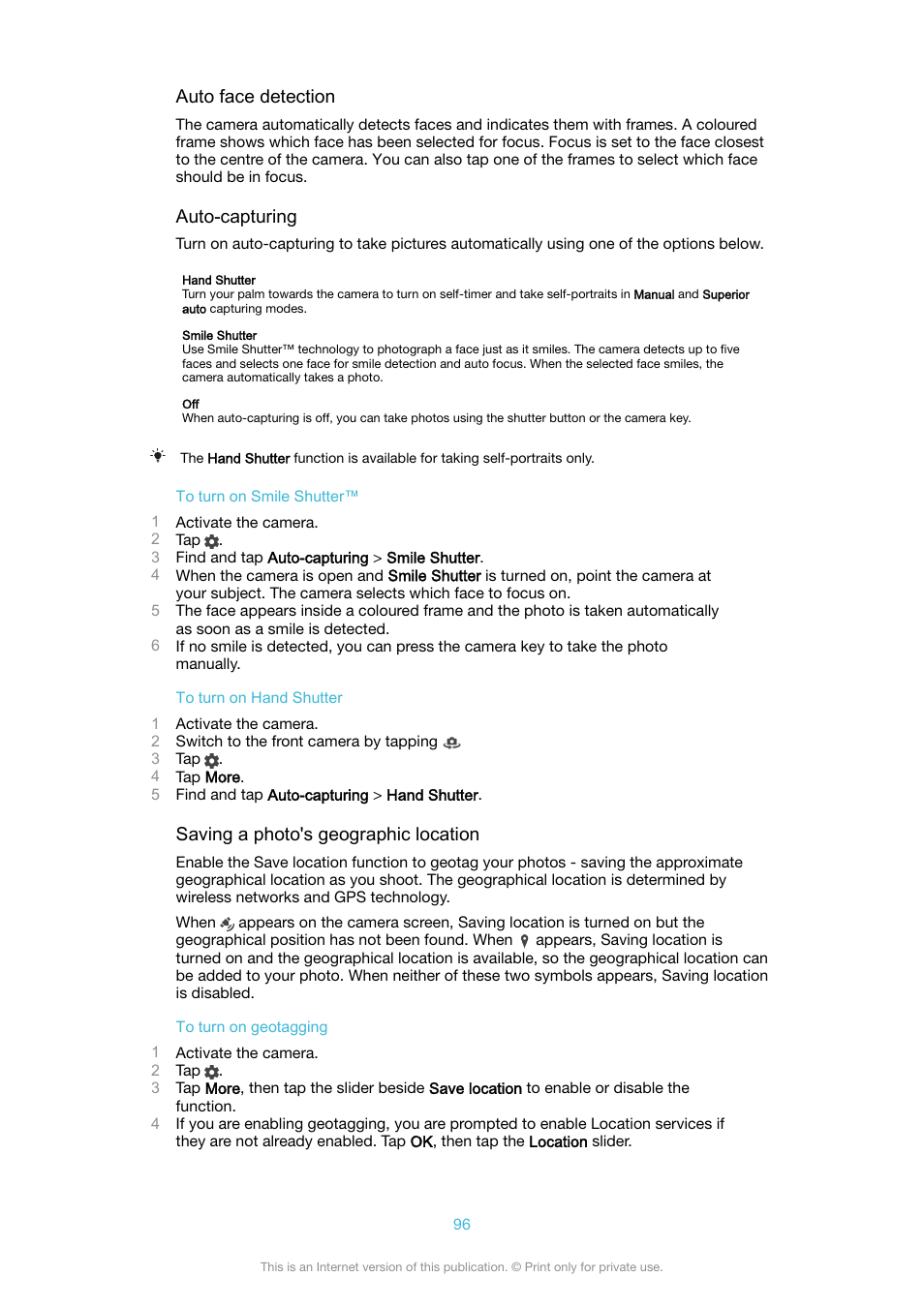 Auto face detection, Auto-capturing, Saving a photo's geographic location | Sony XPeria XZ F8331 User Manual | Page 96 / 133