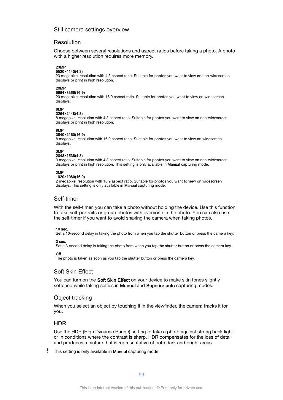 Still camera settings overview resolution, Self-timer, Soft skin effect | Object tracking | Sony XPeria XZ F8331 User Manual | Page 99 / 133