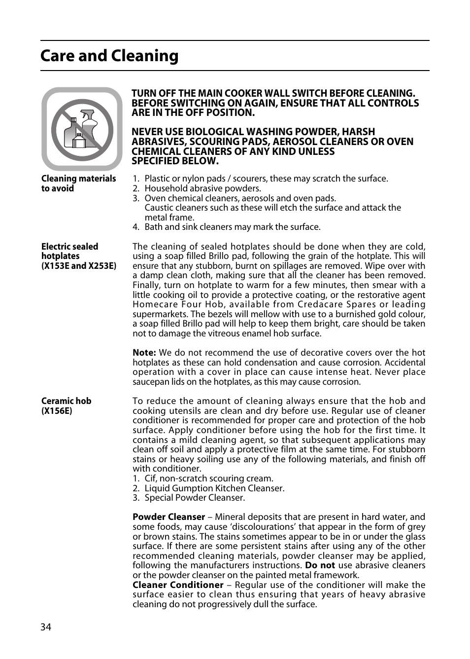 Care and cleaning | Creda X156E User Manual | Page 34 / 40