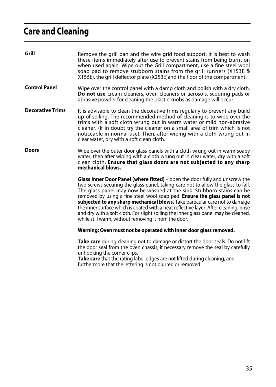 Care and cleaning | Creda X156E User Manual | Page 35 / 40