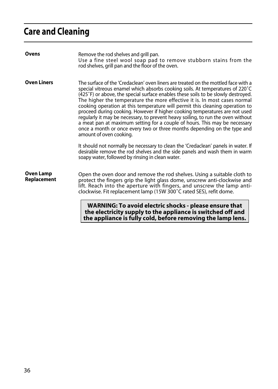 Care and cleaning | Creda X156E User Manual | Page 36 / 40