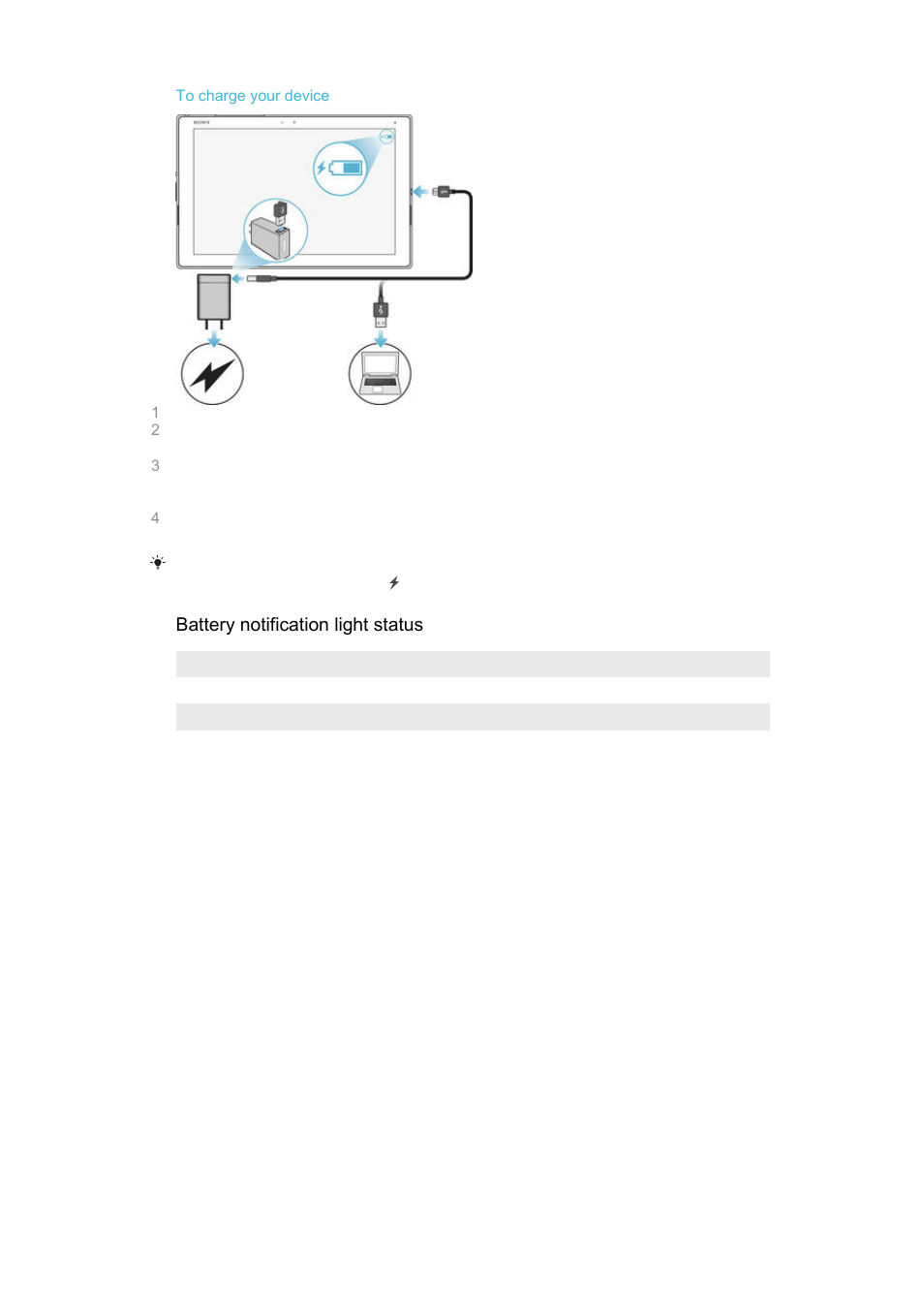Battery notification light status | Sony Xperia Z4 Tablet SGP771 User Manual | Page 12 / 135