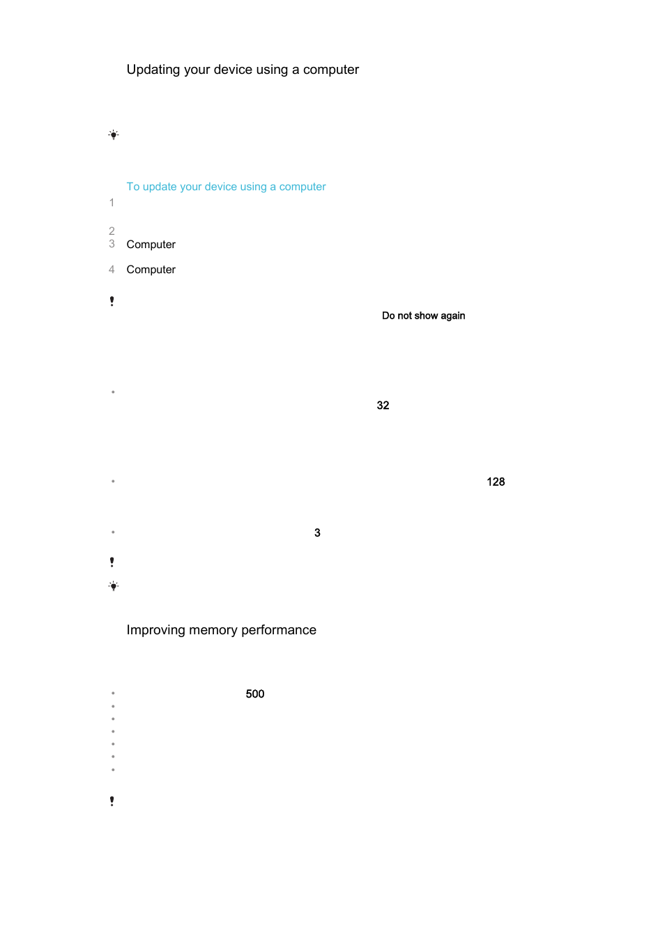 Memory and storage, Updating your device using a computer | Sony Xperia Z4 Tablet SGP771 User Manual | Page 128 / 135