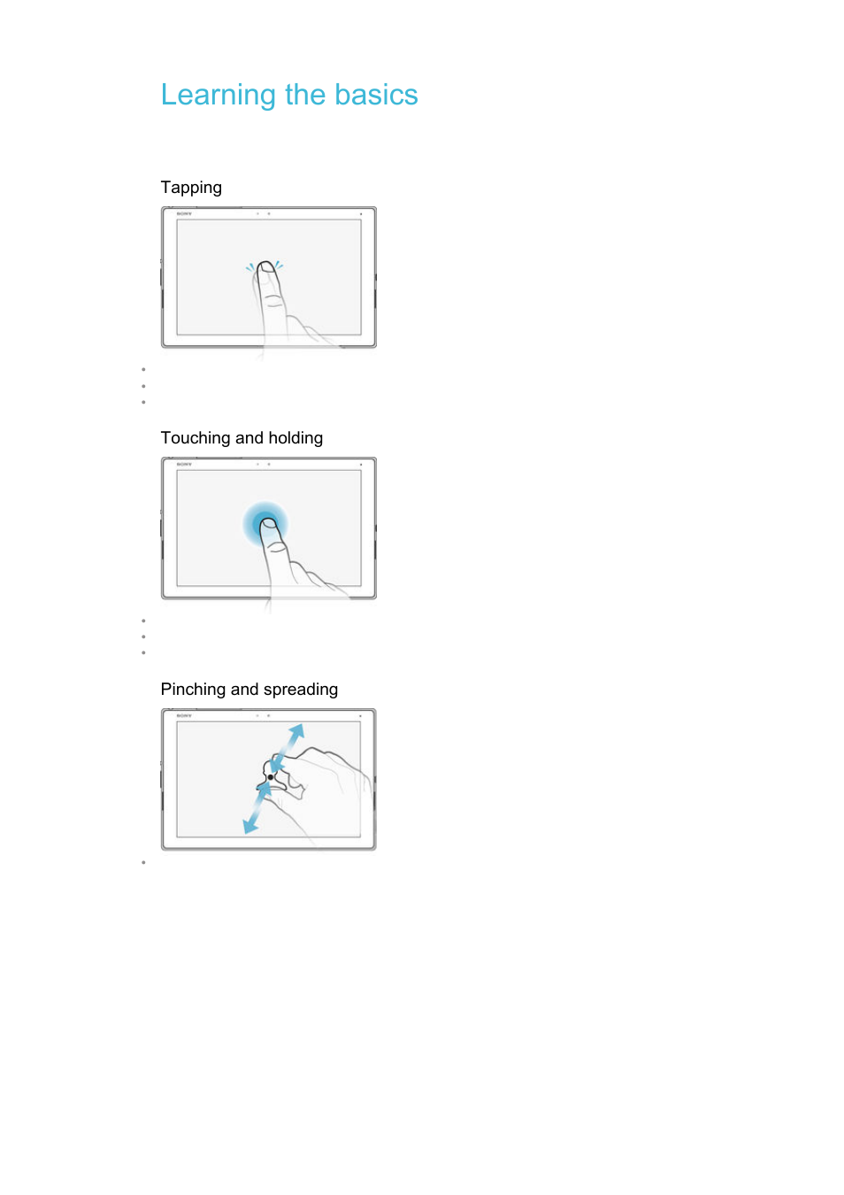 Learning the basics, Using the touchscreen | Sony Xperia Z4 Tablet SGP771 User Manual | Page 22 / 135