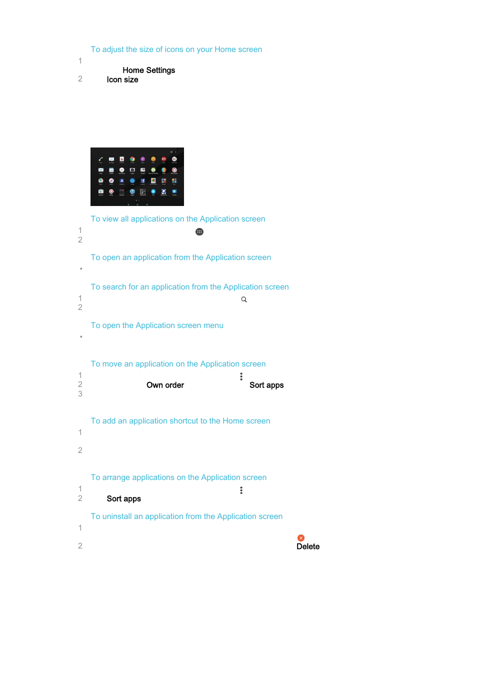 Application screen, Navigating applications, Application screen navigating applications | Sony Xperia Z4 Tablet SGP771 User Manual | Page 25 / 135