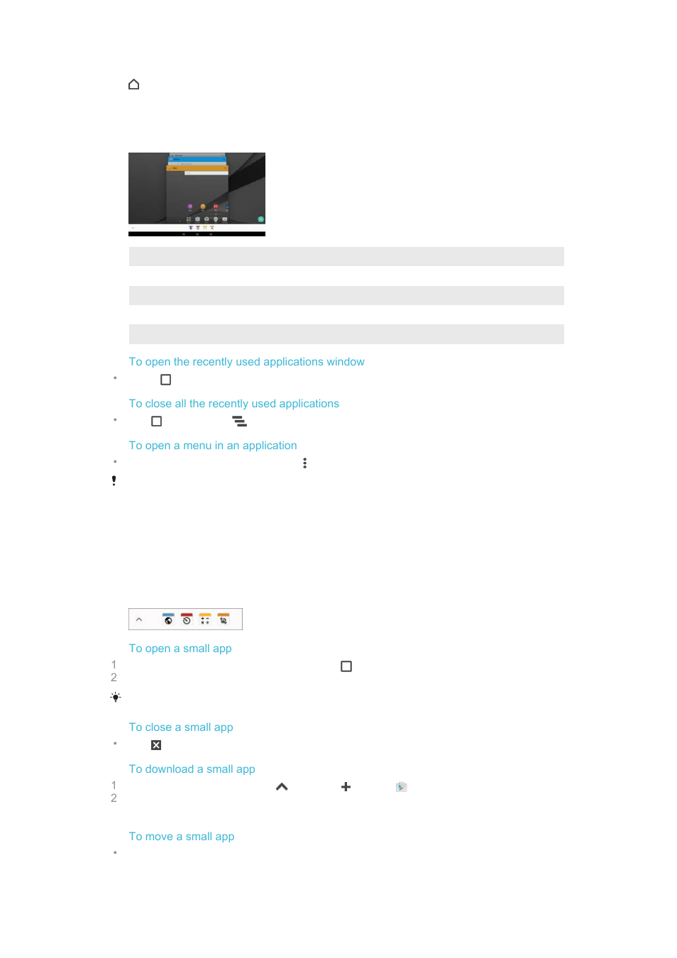 Small apps | Sony Xperia Z4 Tablet SGP771 User Manual | Page 26 / 135