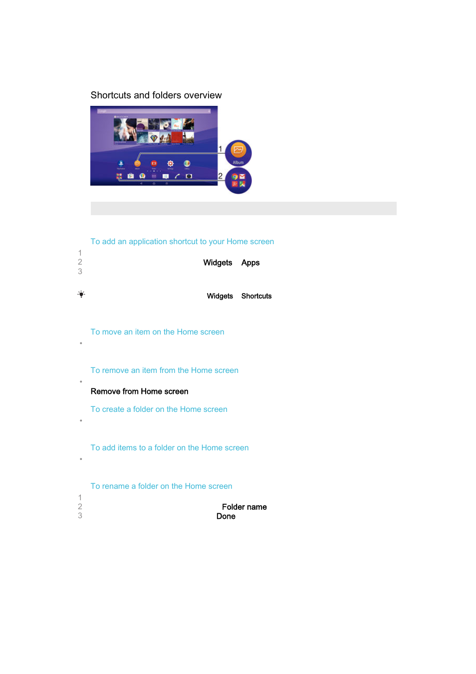 Shortcuts and folders, Background and themes, Shortcuts and folders background and themes | Sony Xperia Z4 Tablet SGP771 User Manual | Page 28 / 135