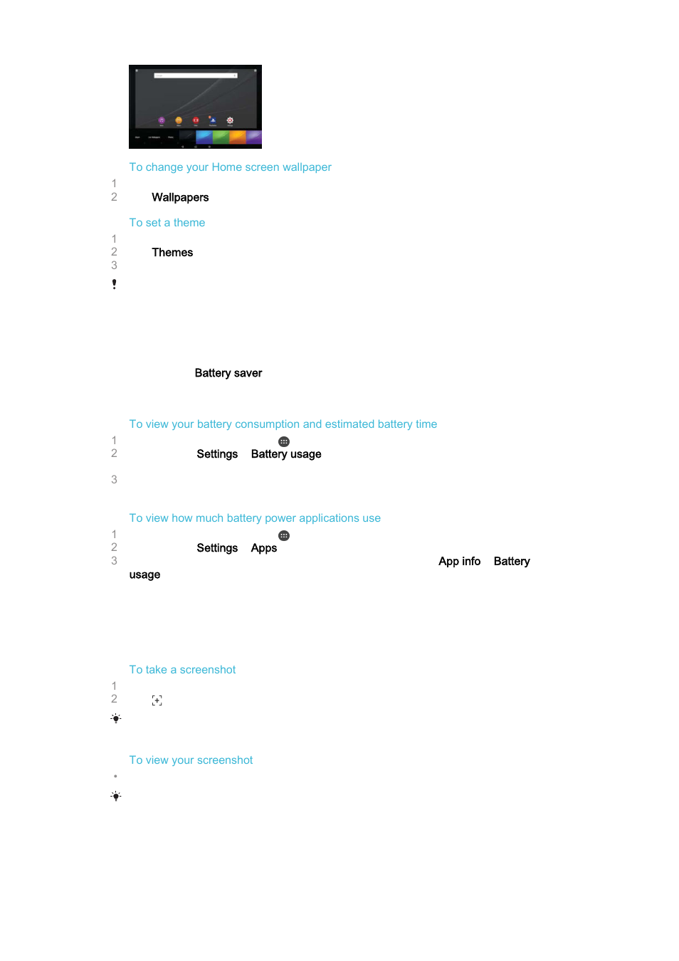 Battery and power management, Taking a screenshot, Recording your screen | Sony Xperia Z4 Tablet SGP771 User Manual | Page 29 / 135
