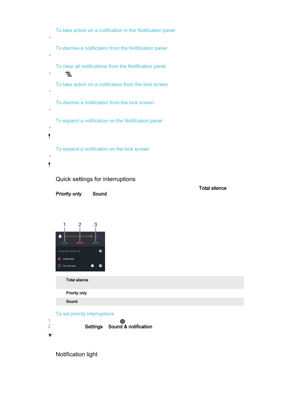 Quick settings for interruptions, Notification light | Sony Xperia Z4 Tablet SGP771 User Manual | Page 31 / 135