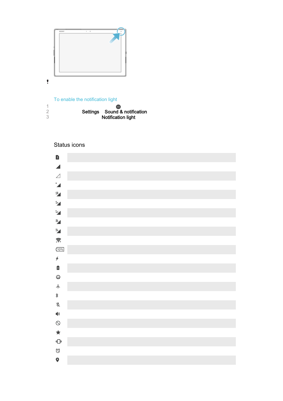 Icons in the status bar | Sony Xperia Z4 Tablet SGP771 User Manual | Page 32 / 135
