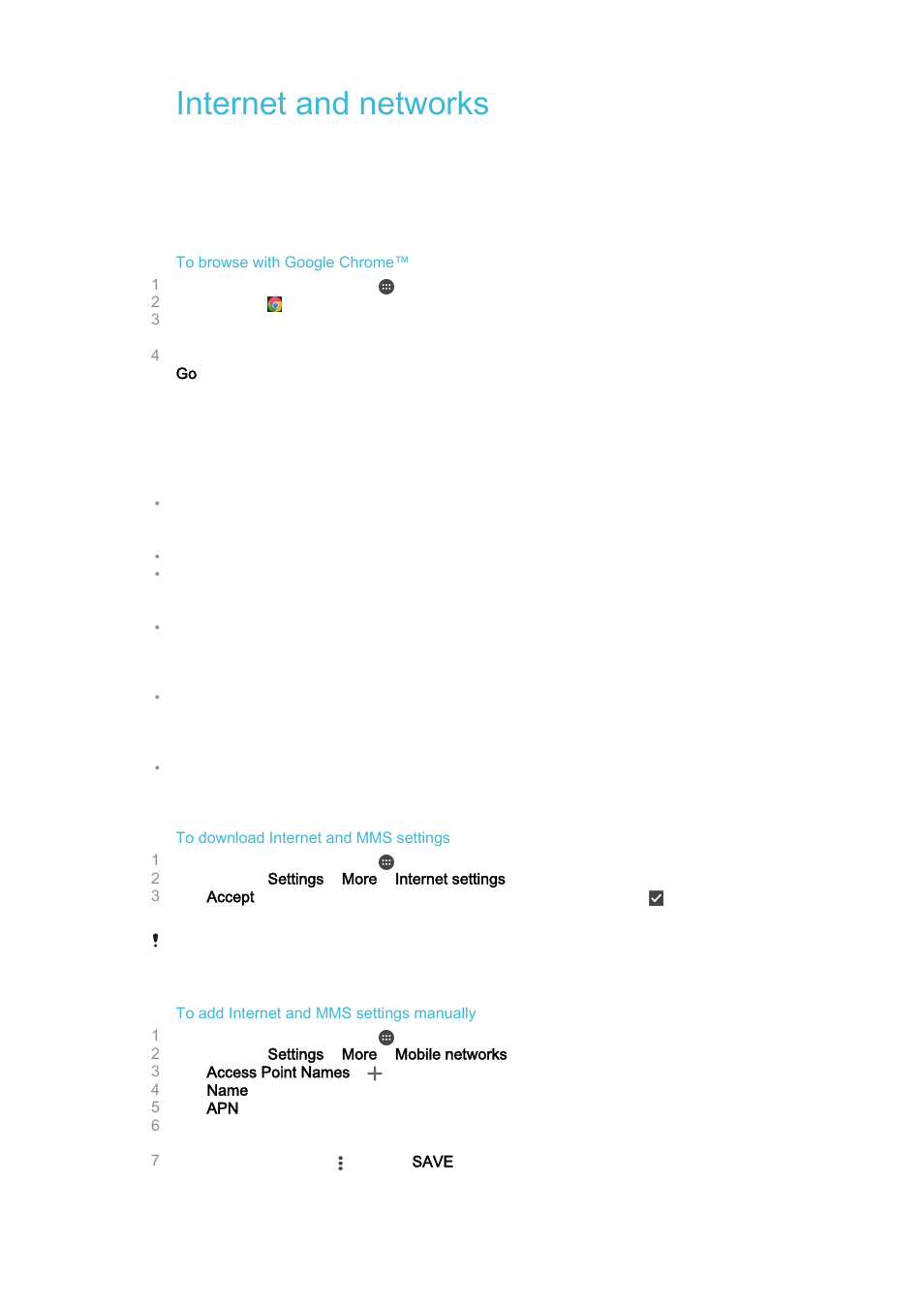 Internet and networks, Browsing the web, Internet and mms settings | Browsing the web internet and mms settings | Sony Xperia Z4 Tablet SGP771 User Manual | Page 37 / 135