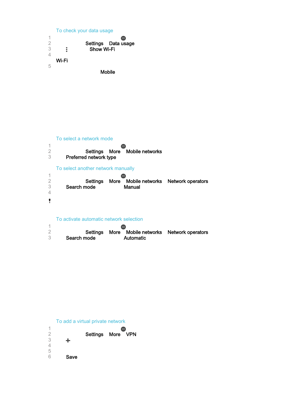 Selecting mobile networks, Virtual private networks (vpns), To add a virtual private network | Sony Xperia Z4 Tablet SGP771 User Manual | Page 43 / 135