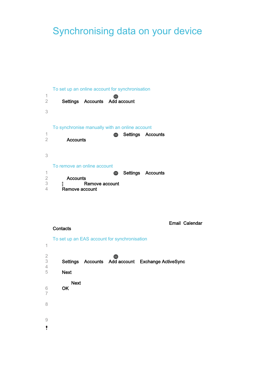 Synchronising data on your device, Synchronising with online accounts, Synchronising with microsoft® exchange activesync | Sony Xperia Z4 Tablet SGP771 User Manual | Page 45 / 135