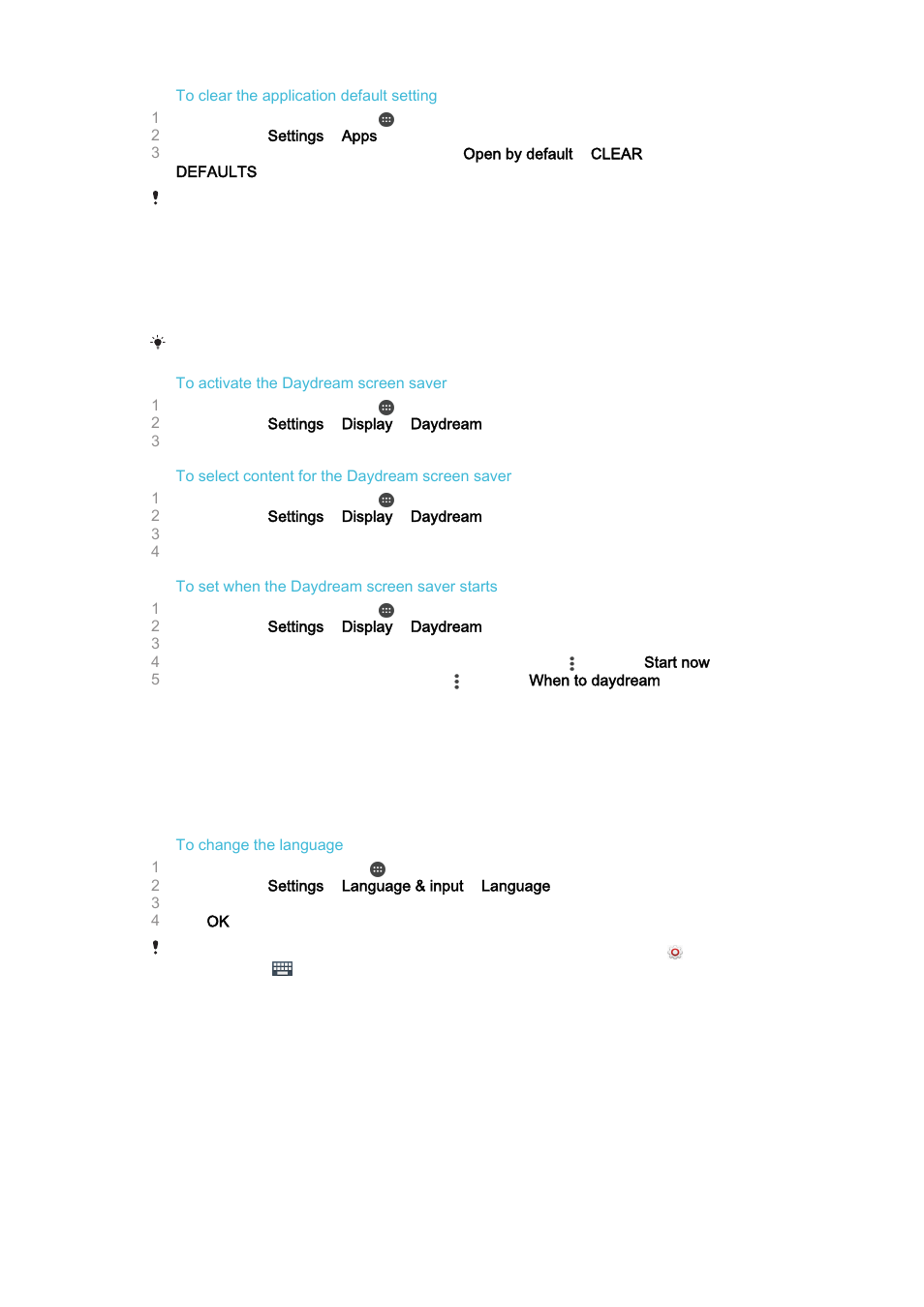 Daydream, Language settings, Date and time | Daydream language settings date and time | Sony Xperia Z4 Tablet SGP771 User Manual | Page 52 / 135