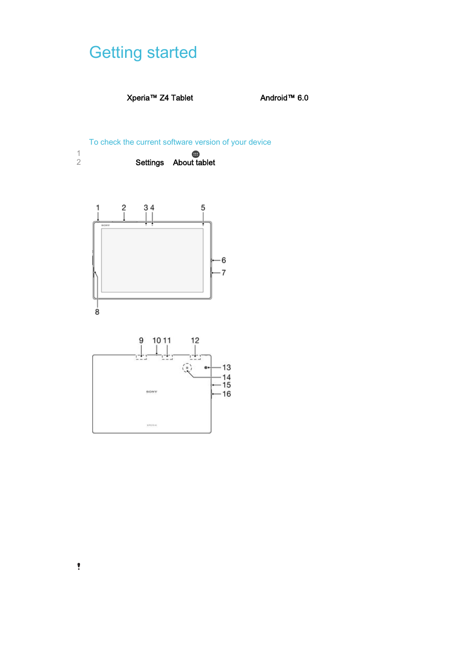 Getting started, About this user guide, Overview | About this user guide overview | Sony Xperia Z4 Tablet SGP771 User Manual | Page 6 / 135