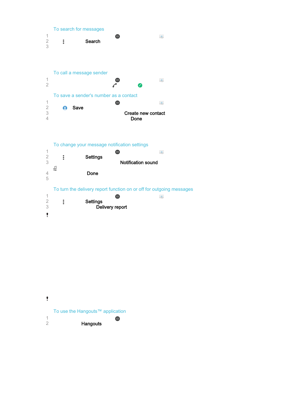 Calling from a message, Messaging settings, Instant messaging and video chat | Sony Xperia Z4 Tablet SGP771 User Manual | Page 76 / 135