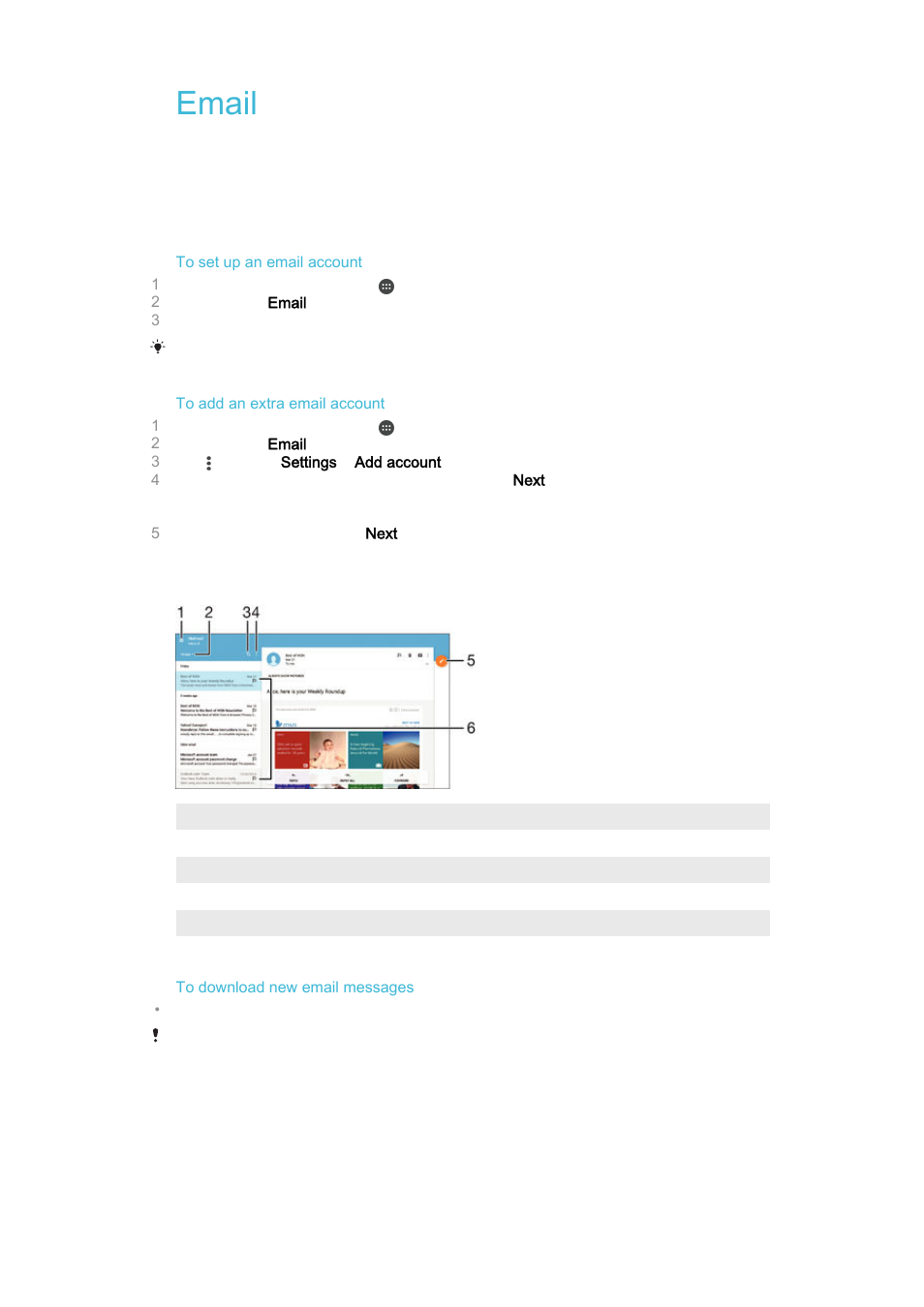 Email, Setting up email, Sending and receiving email messages | Sony Xperia Z4 Tablet SGP771 User Manual | Page 77 / 135