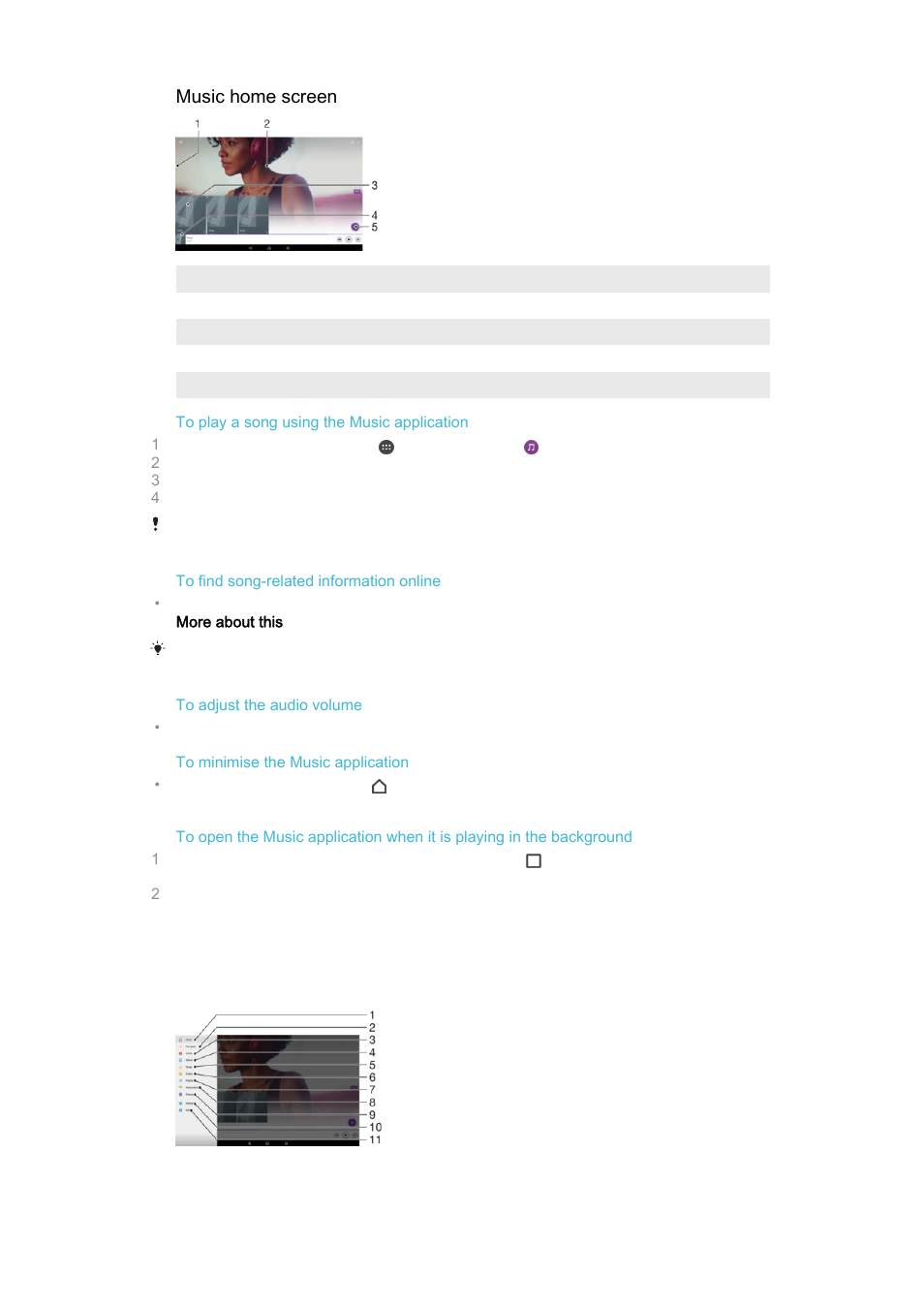 Music home screen menu, Music home screen | Sony Xperia Z4 Tablet SGP771 User Manual | Page 82 / 135