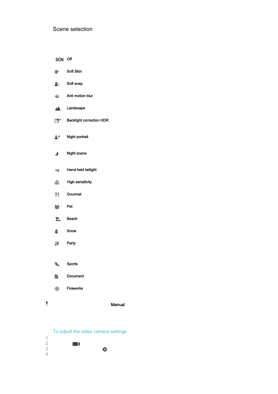 Video camera settings, Scene selection | Sony Xperia Z4 Tablet SGP771 User Manual | Page 96 / 135