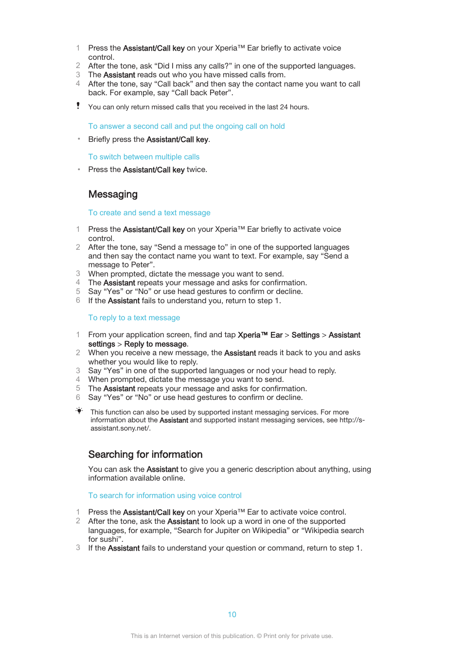 Messaging, Searching for information | Sony Xperia Ear XEA10 User Manual | Page 10 / 18