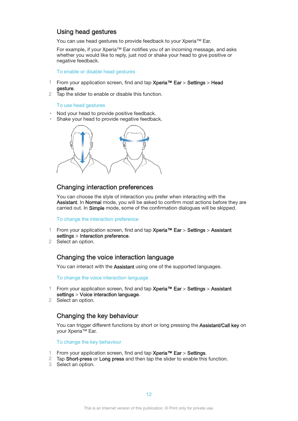 Using head gestures, Changing interaction preferences, Changing the voice interaction language | Changing the key behaviour | Sony Xperia Ear XEA10 User Manual | Page 12 / 18