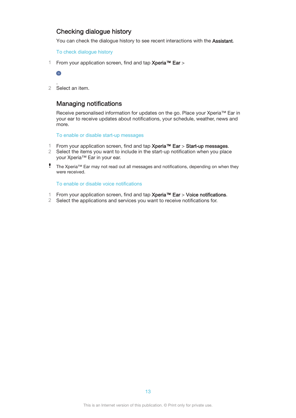 Checking dialogue history, Managing notifications | Sony Xperia Ear XEA10 User Manual | Page 13 / 18