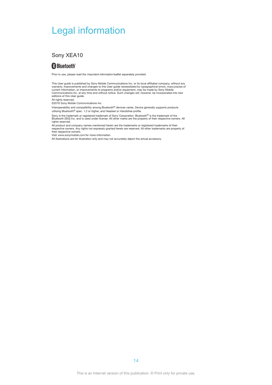 Legal information, Sony xea10 | Sony Xperia Ear XEA10 User Manual | Page 14 / 18