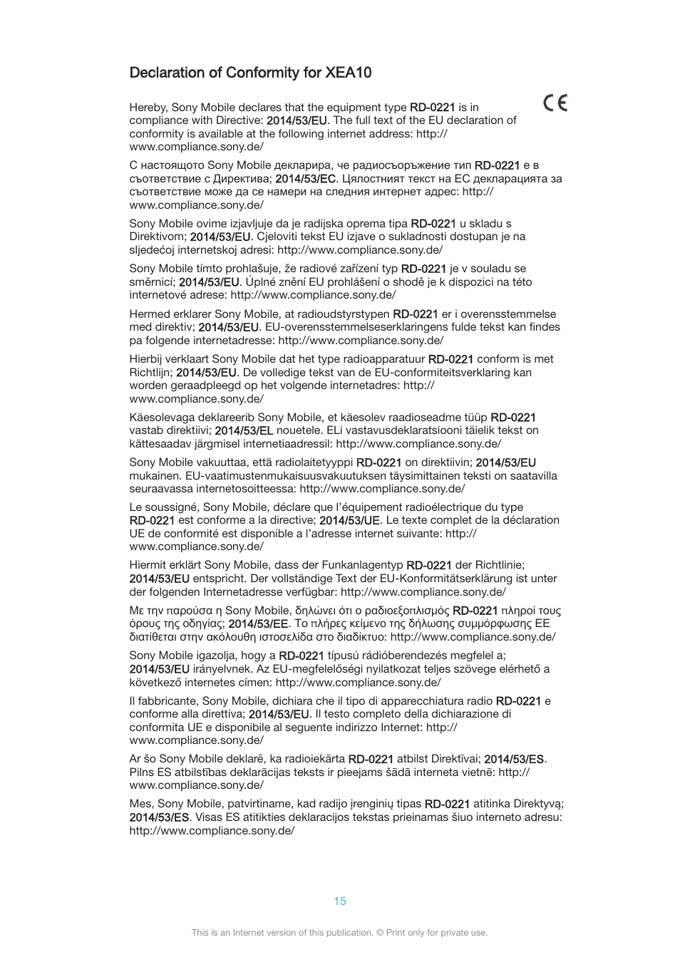Declaration of conformity for xea10 | Sony Xperia Ear XEA10 User Manual | Page 15 / 18