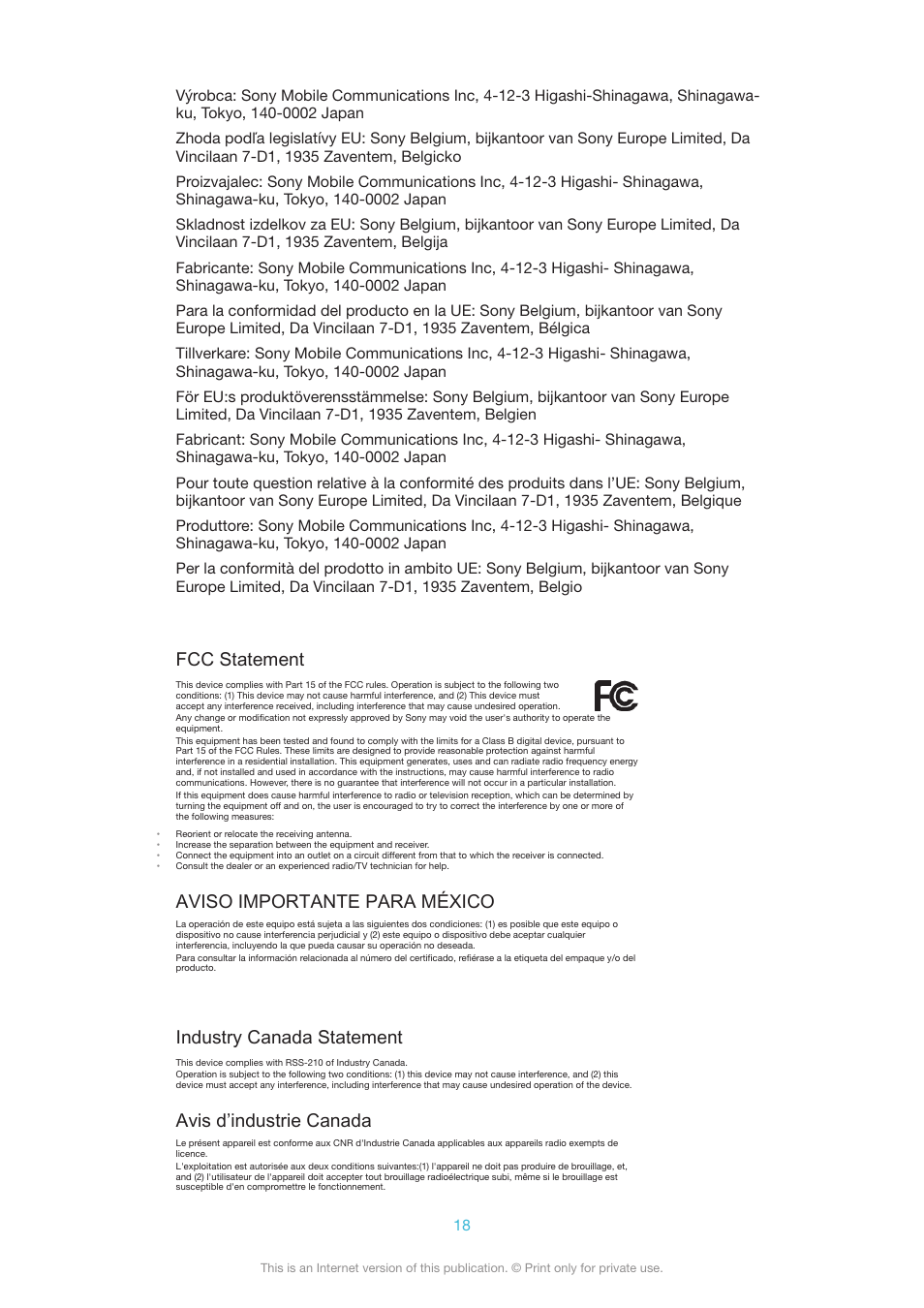 Fcc statement, Aviso importante para méxico, Industry canada statement | Avis d’industrie canada | Sony Xperia Ear XEA10 User Manual | Page 18 / 18