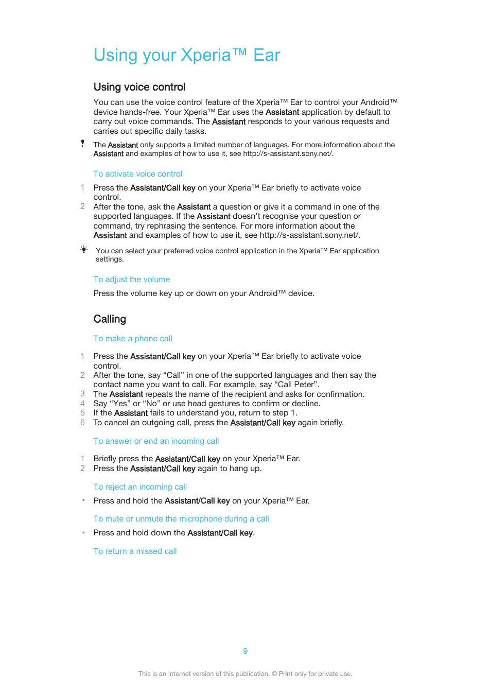 Using your xperia™‎ ear, Using voice control, Calling | Using your xperia™ ear | Sony Xperia Ear XEA10 User Manual | Page 9 / 18