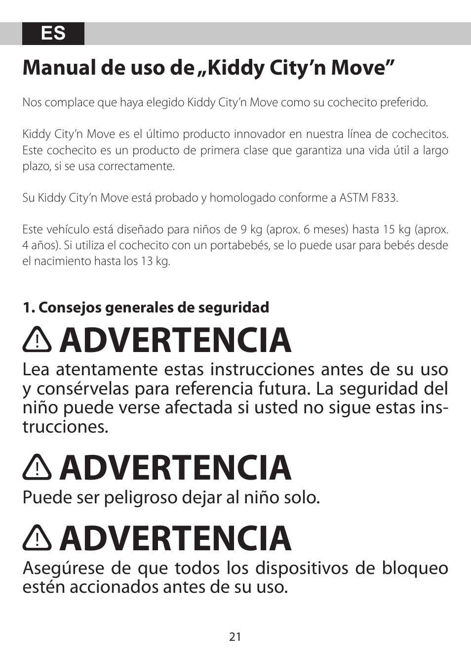 Advertencia, Manual de uso de „kiddy city’n move | Kiddy City'n move User Manual | Page 21 / 35