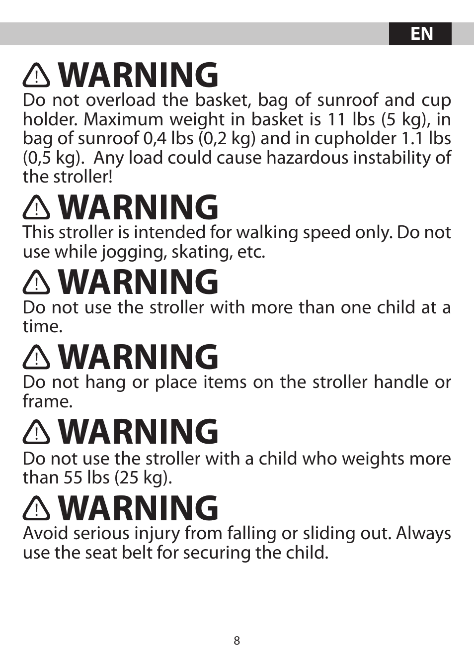 Warning | Kiddy City'n move User Manual | Page 8 / 35