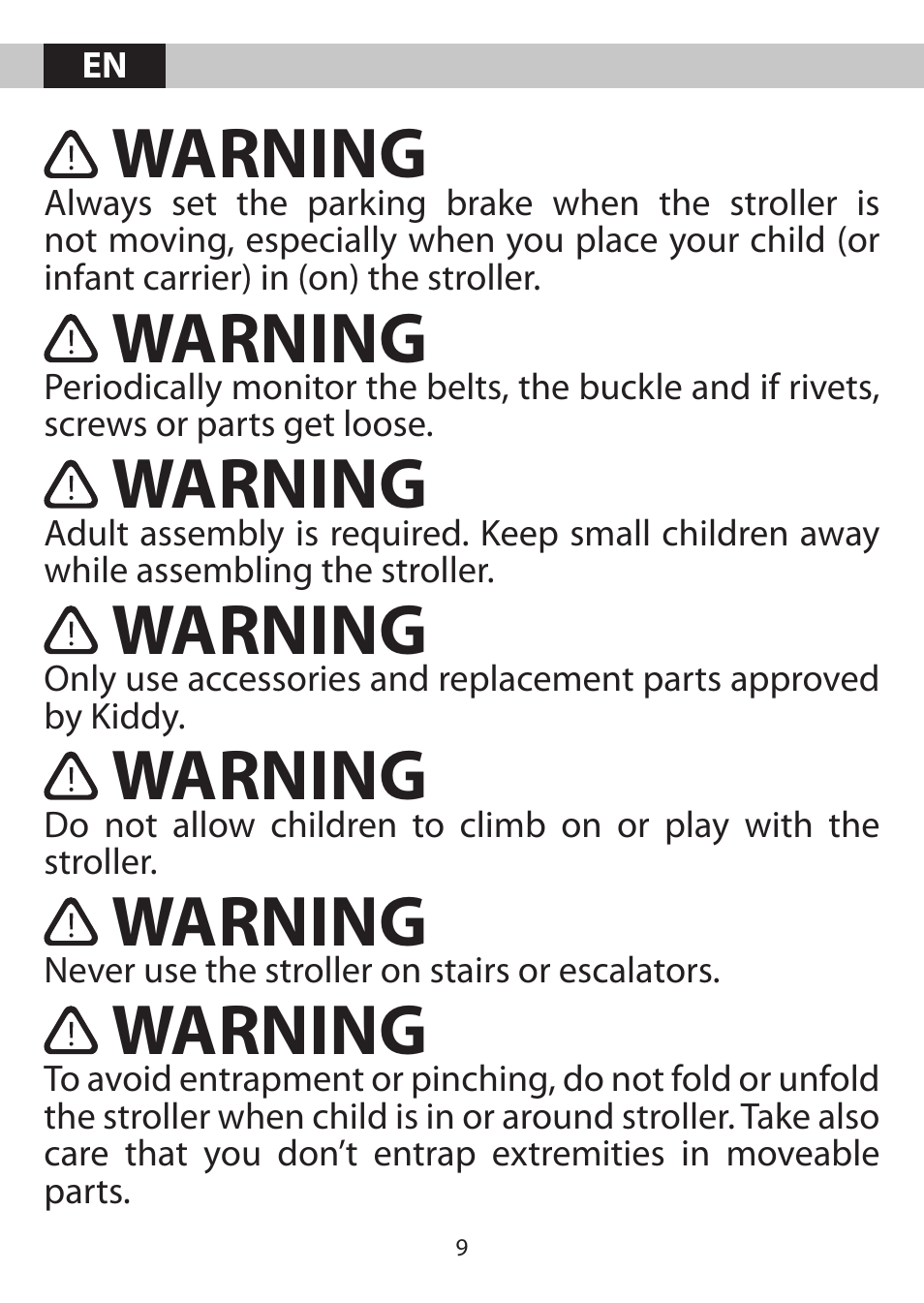 Warning | Kiddy City'n move User Manual | Page 9 / 35