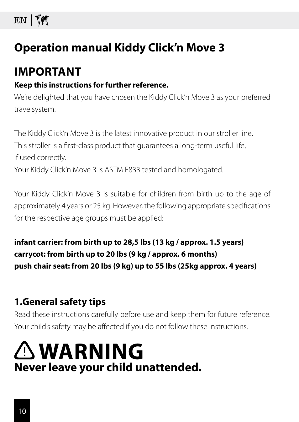 Warning, Operation manual kiddy click’n move 3 important, Never leave your child unattended | Kiddy Click'n move 3 User Manual | Page 10 / 59