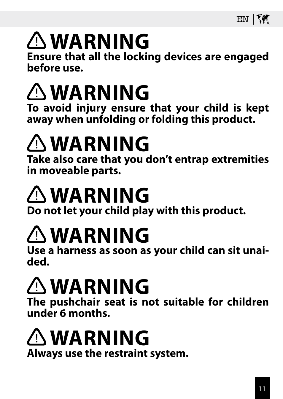 Warning | Kiddy Click'n move 3 User Manual | Page 11 / 59