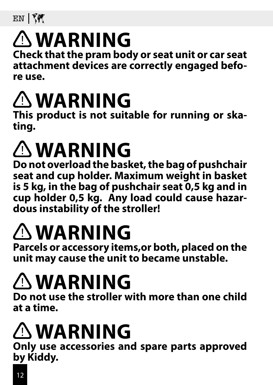 Warning | Kiddy Click'n move 3 User Manual | Page 12 / 59