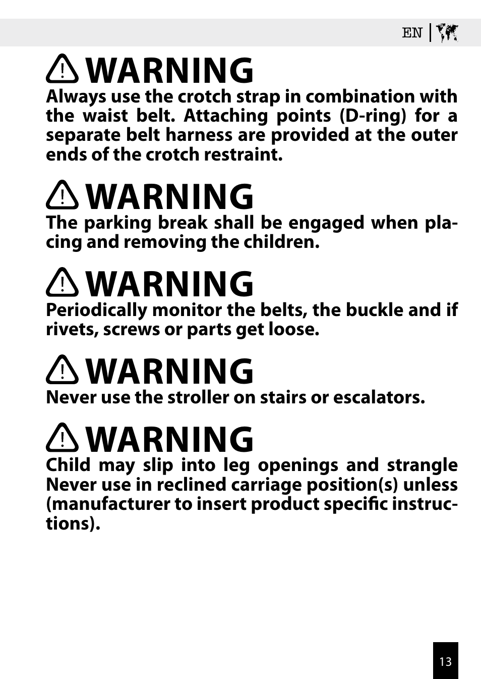 Warning | Kiddy Click'n move 3 User Manual | Page 13 / 59