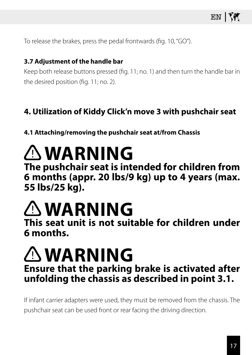 Warning | Kiddy Click'n move 3 User Manual | Page 17 / 59