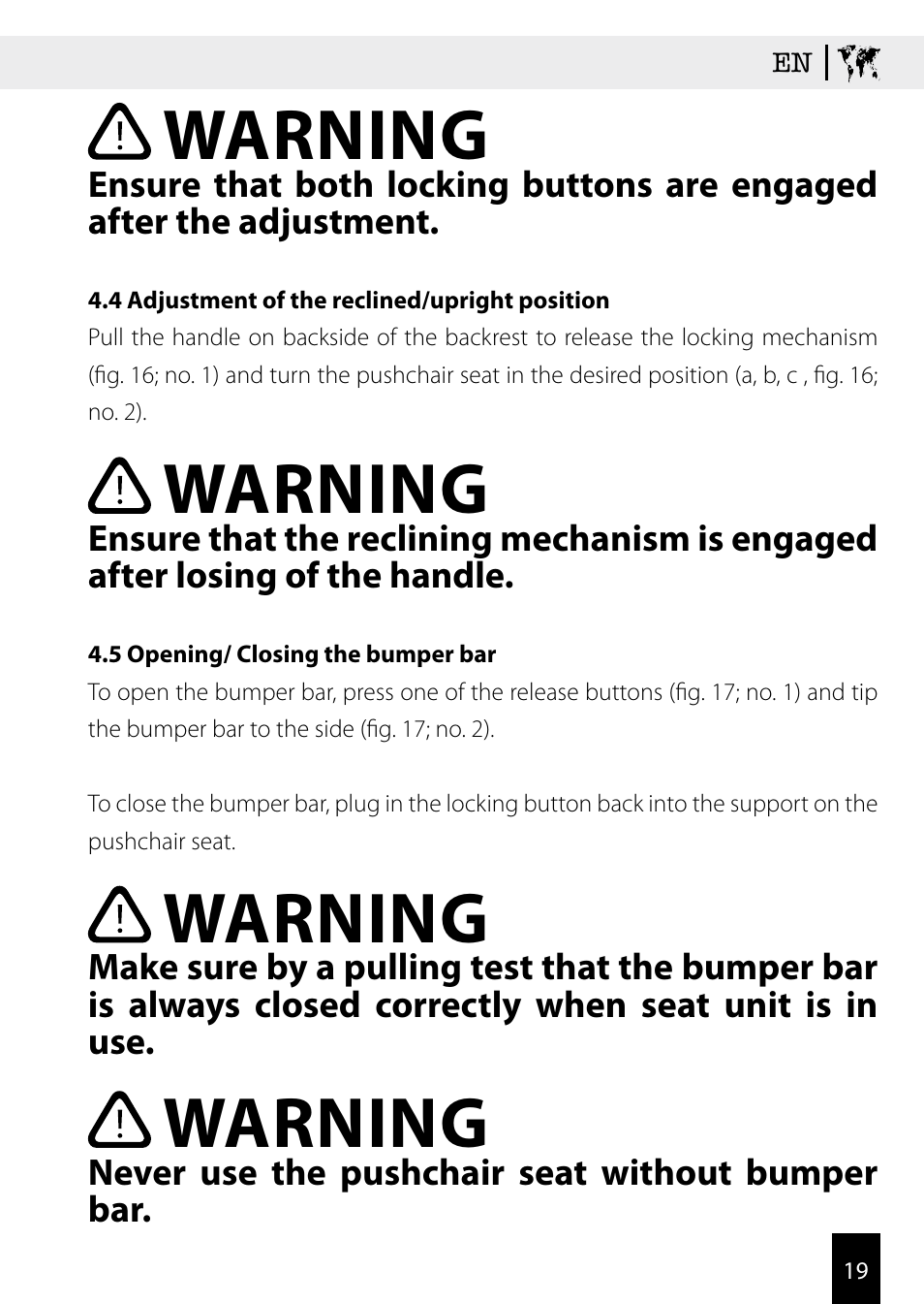 Warning | Kiddy Click'n move 3 User Manual | Page 19 / 59