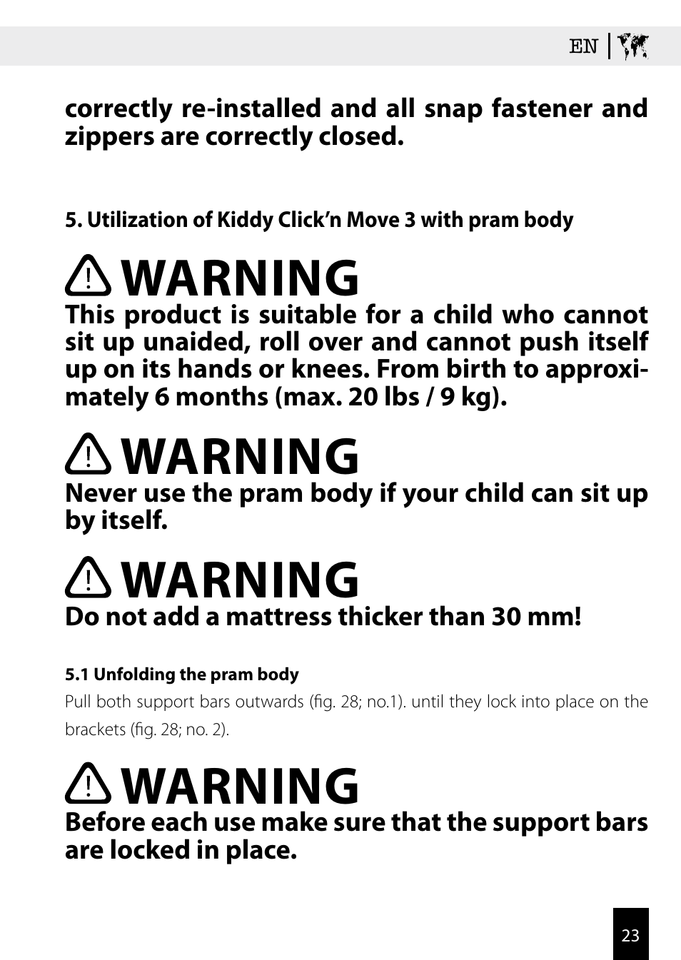 Warning | Kiddy Click'n move 3 User Manual | Page 23 / 59