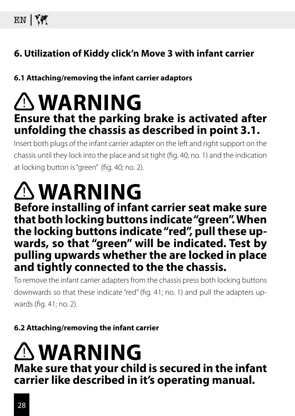 Warning | Kiddy Click'n move 3 User Manual | Page 28 / 59