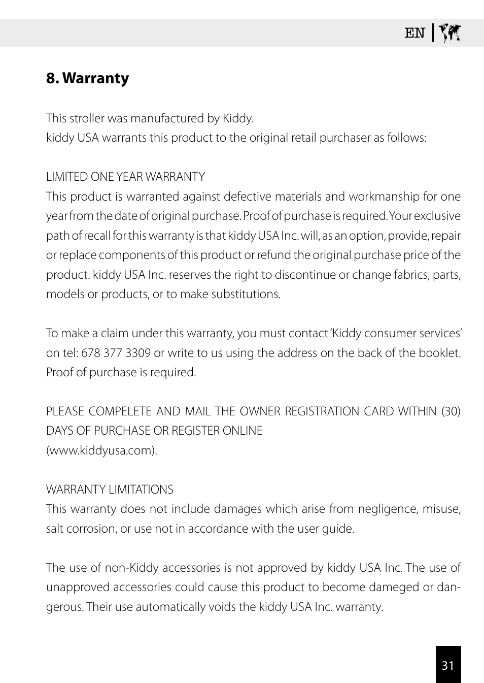 Warranty | Kiddy Click'n move 3 User Manual | Page 31 / 59