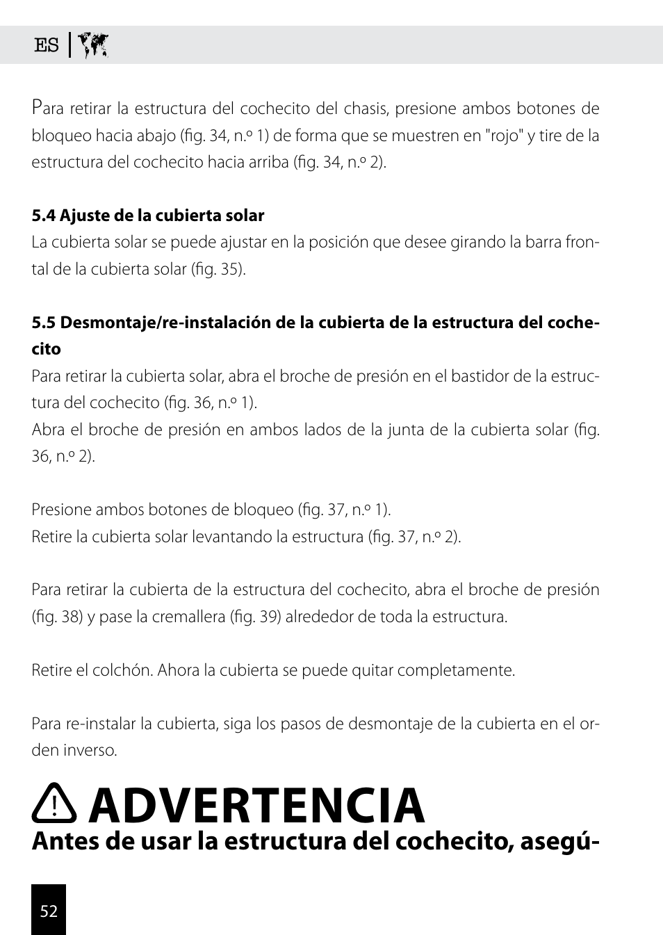 Advertencia, Antes de usar la estructura del cochecito, asegú | Kiddy Click'n move 3 User Manual | Page 52 / 59