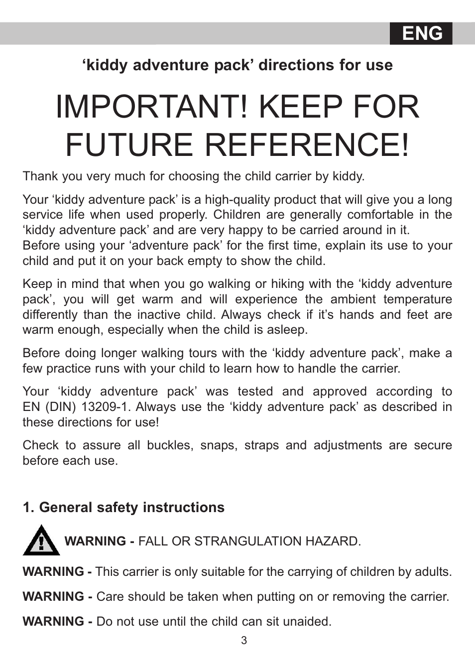 Important! keep for future reference | Kiddy adventure pack User Manual | Page 6 / 21