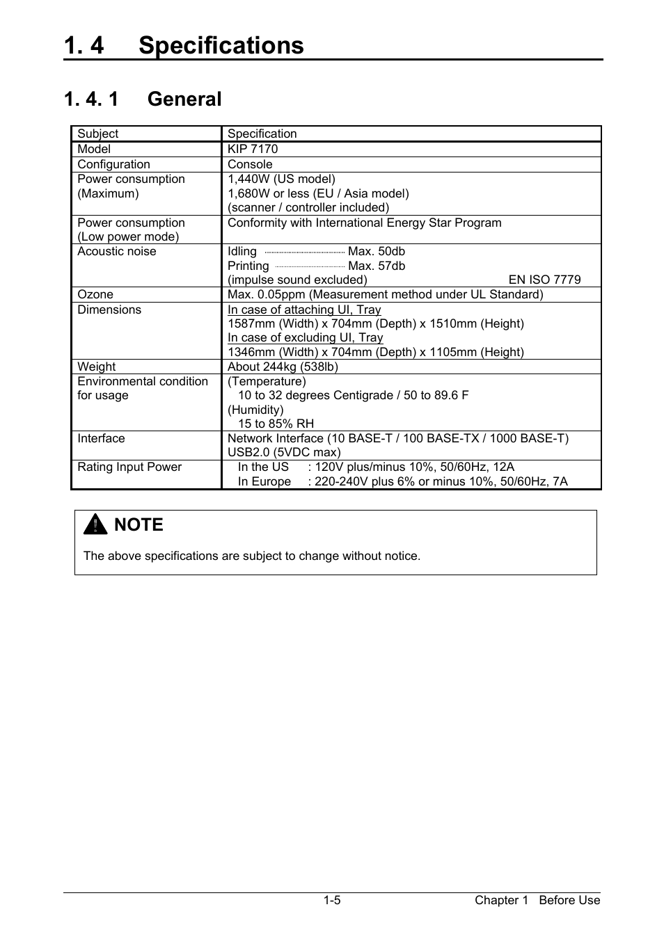 4 specifications, 4. 1 general | KIP 7170K User Manual | Page 12 / 75