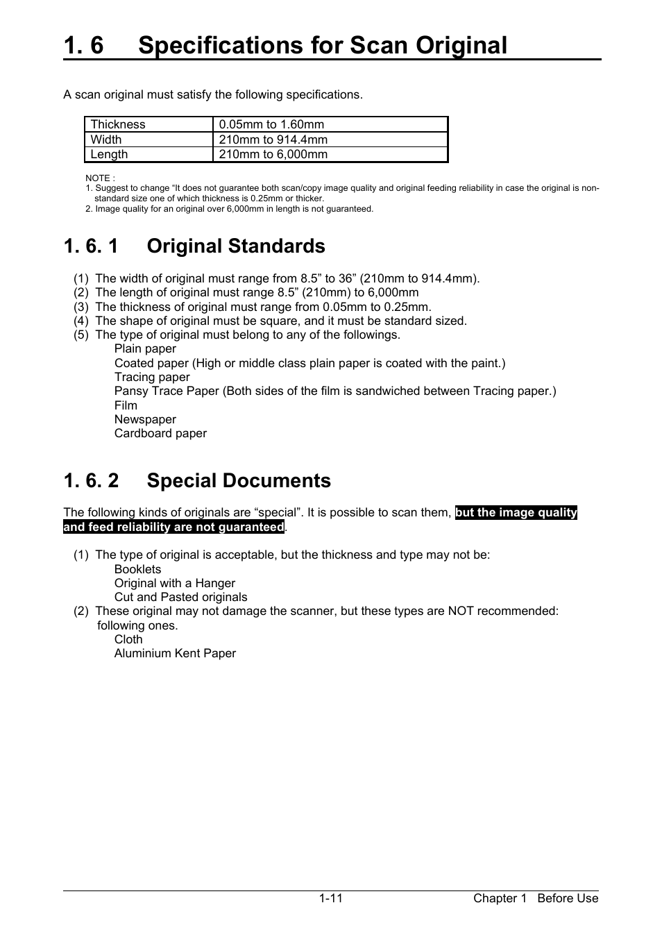 6 specifications for scan original, 6. 1 original standards, 6. 2 special documents | KIP 7170K User Manual | Page 18 / 75